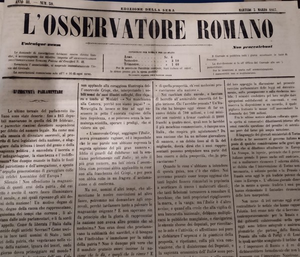 L’Osservatore Romano. Anno III, n. 50. Roma, 3 Marzo 1863.