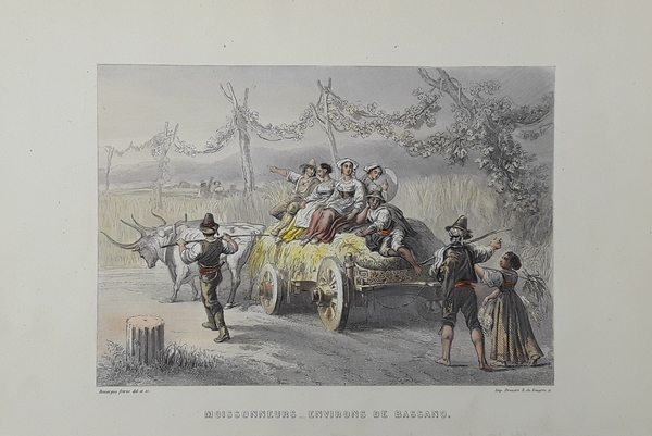 Moissonneurs, environs de Bassano. Incisione in acciaio con fine coloritura …