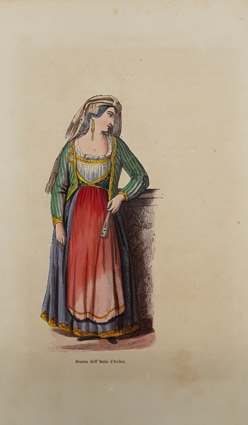 Donna dell’Isola d’Ischia. Litografia con fine coloritura coeva. DALLY, 1847.