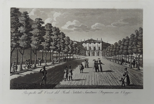 Prospetto all'Ovest del Reale Istituto Sanitario Paganini in Oleggio. Acquatinta. …