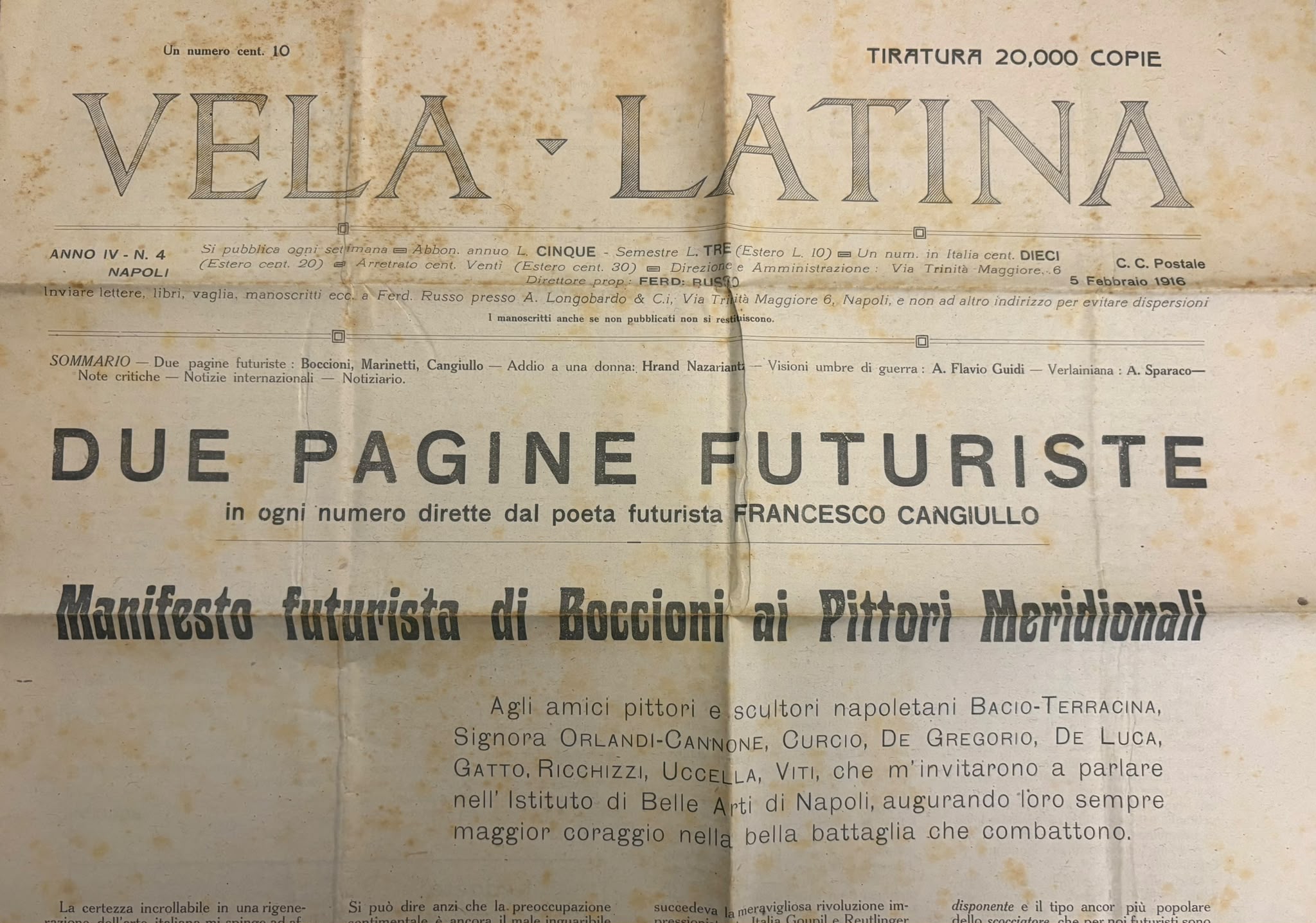 Manifesto futurista di Boccioni ai pittori meridionali. Numero monografico di …