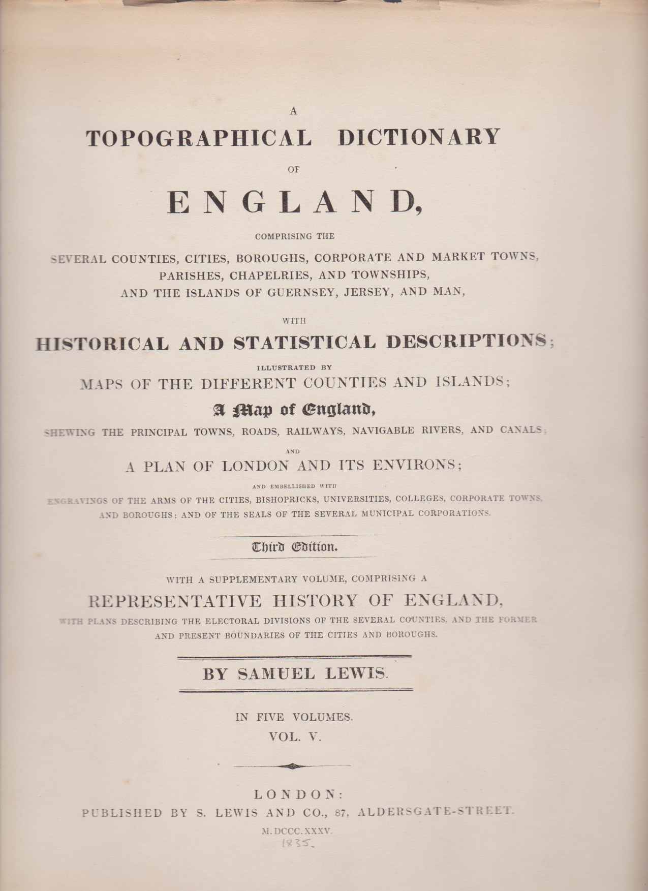A TOPOGRAPHICAL HISTORY OF ENGLAND [VOLUME 5 ONLY] Historical and …