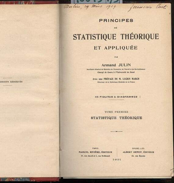 PRINCIPES DE STATISTIQUE THÉORIQUE ET APPLIQUÉE