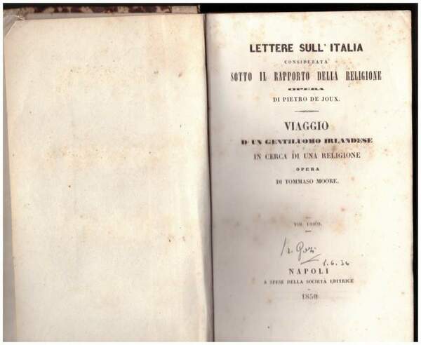 LETTERE SULL'ITALIA CONSIDERATA SOTTO IL RAPPORTO DELLA RELIGIONE. VIAGGIO D'UN …