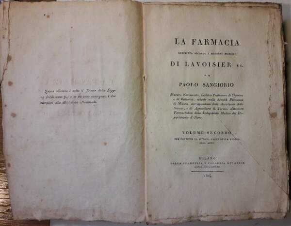 LA FARMACIA DESCRITTA SECONDO I MODERNI PRINCIPI DI LAVOISIER -VOL …