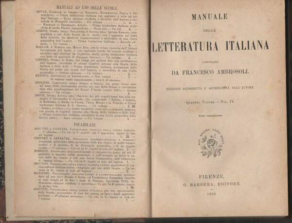MANUALE DELLA LETTERATURA ITALIANA (1882)