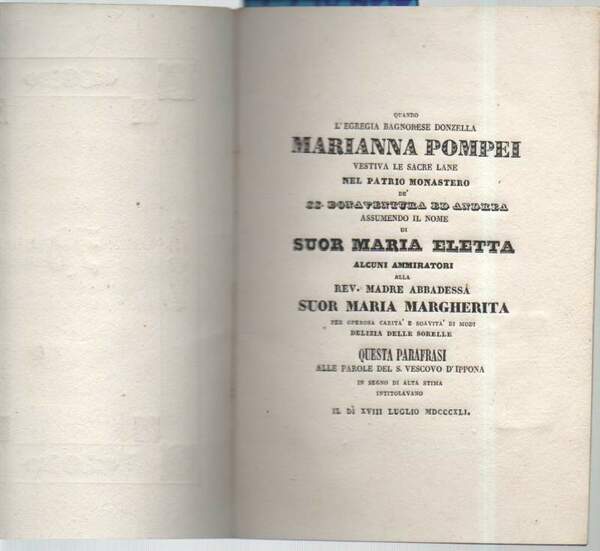 QUANDO L'EGREGIA BAGNORESE DONZELLA MARIANNA POMPEI (1841) vestiva le sacre …