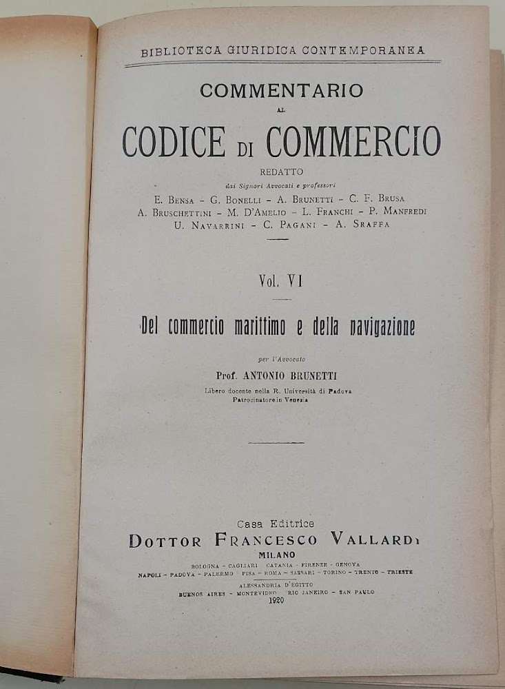 COMMENTARIO AL CODICE DI COMMERCIO-VOL. VI- DEL COMMERCIO MARITTIMO E …