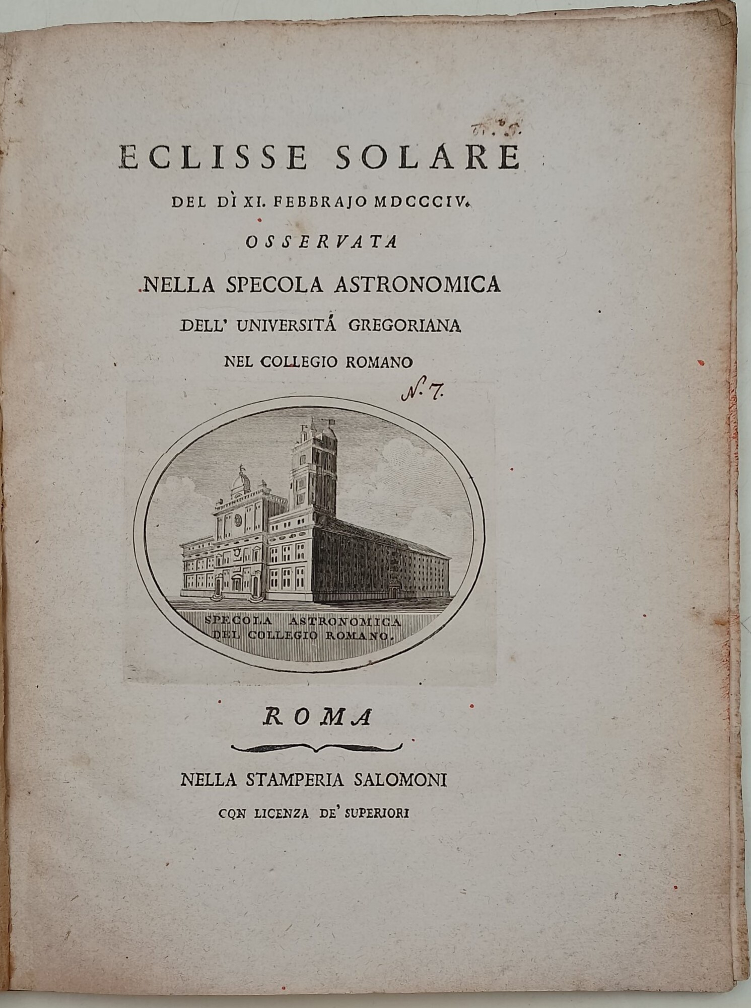 Eclisse solare del di' XI febbraio MDCCCIV osservata della specola …