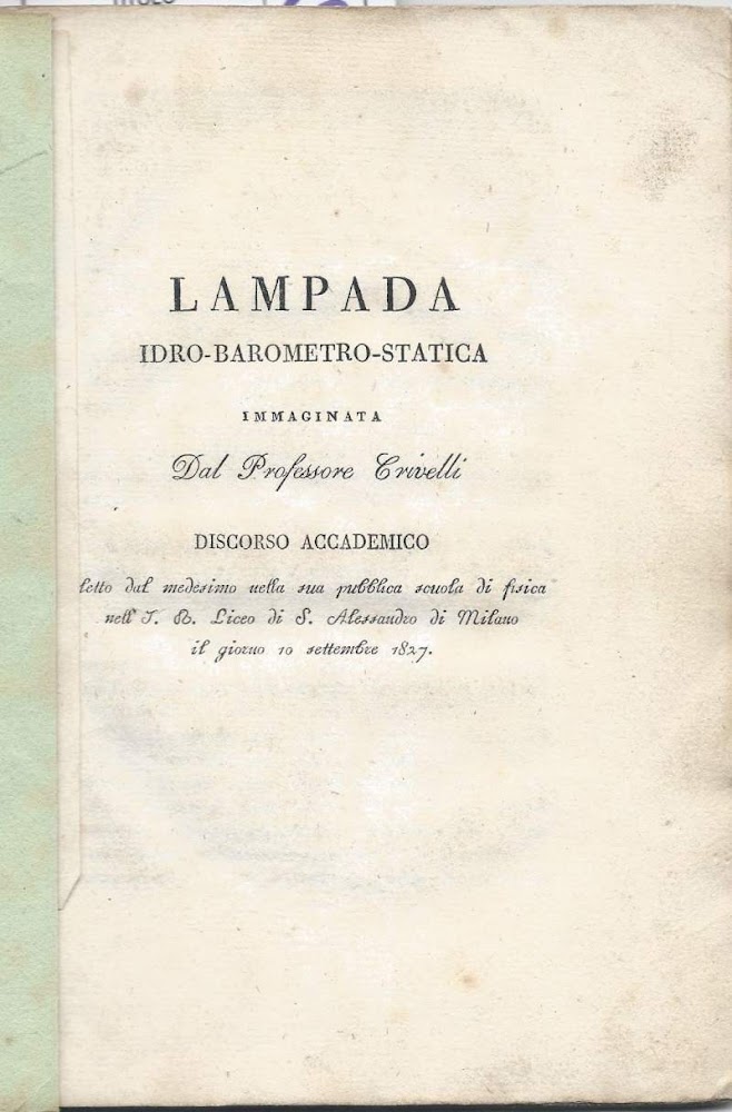 LAMPADA IDRO-BAROMETRO-STATICA IMMAGINATA DAL PROFESSORE CRIVELLI (1827)