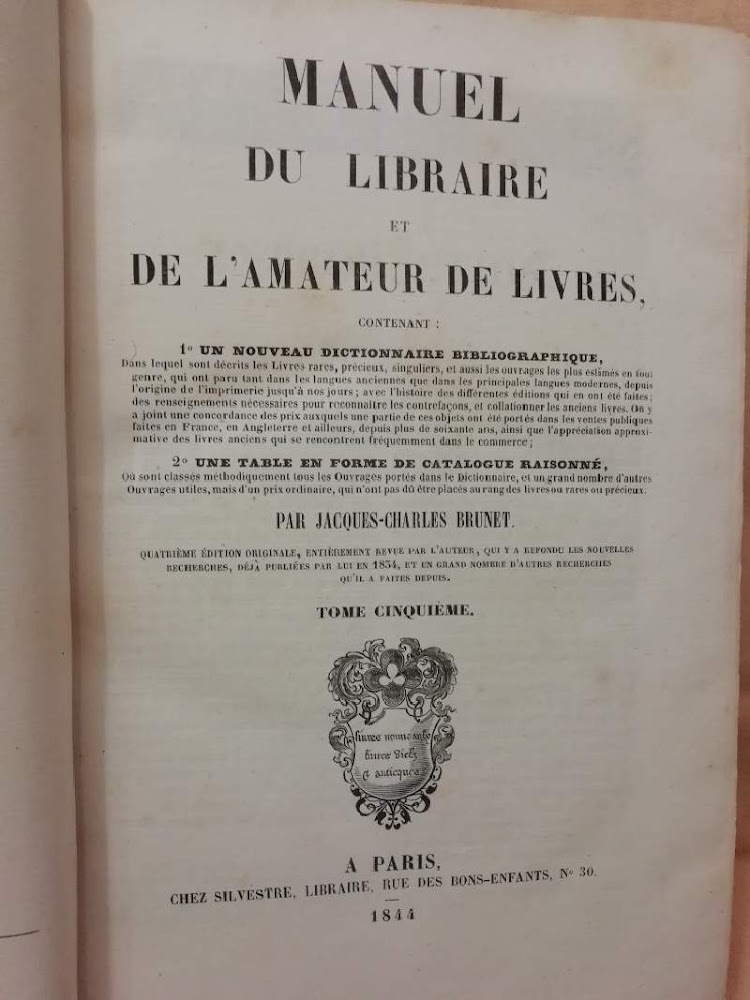 MANUEL DU LIBRAIRE ET DE L'AMATEUR DE LIVRES tome cinquième …