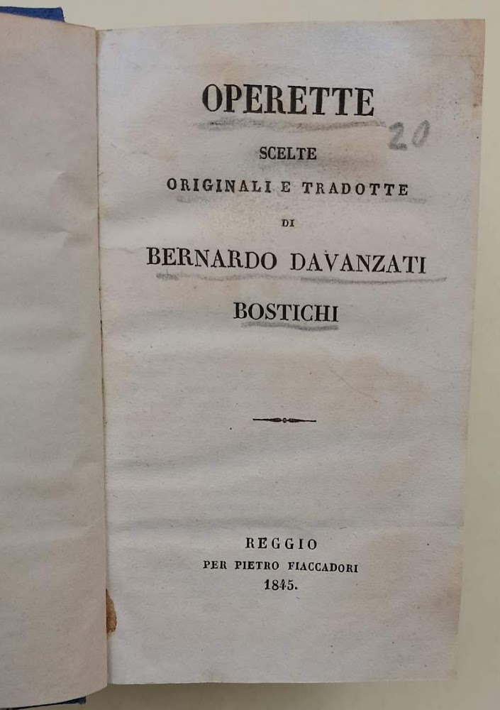OPERETTE SCELTE ORIGINALI TRADOTTE DI BERNARDO DAVANZATI BOSTICHI(1845)