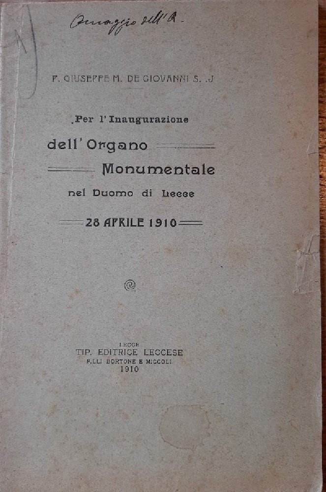 PER L'INAUGURAZIONE DELL'ORGANO MONUMENTALE NEL DUOMO DI LECCE-28 APRILE 1910(1910)
