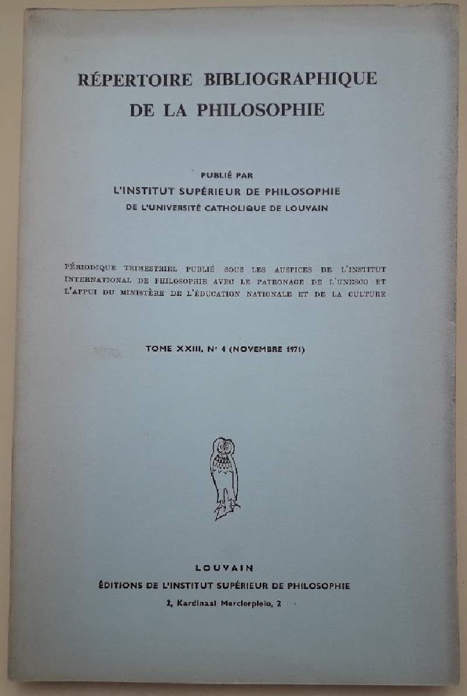 REPERTOIRE BIBLIOGRAPHIQUE DE LA PHILOSOPHIE- TOME XXIII, N. 4(NOVEMBRE 1971)