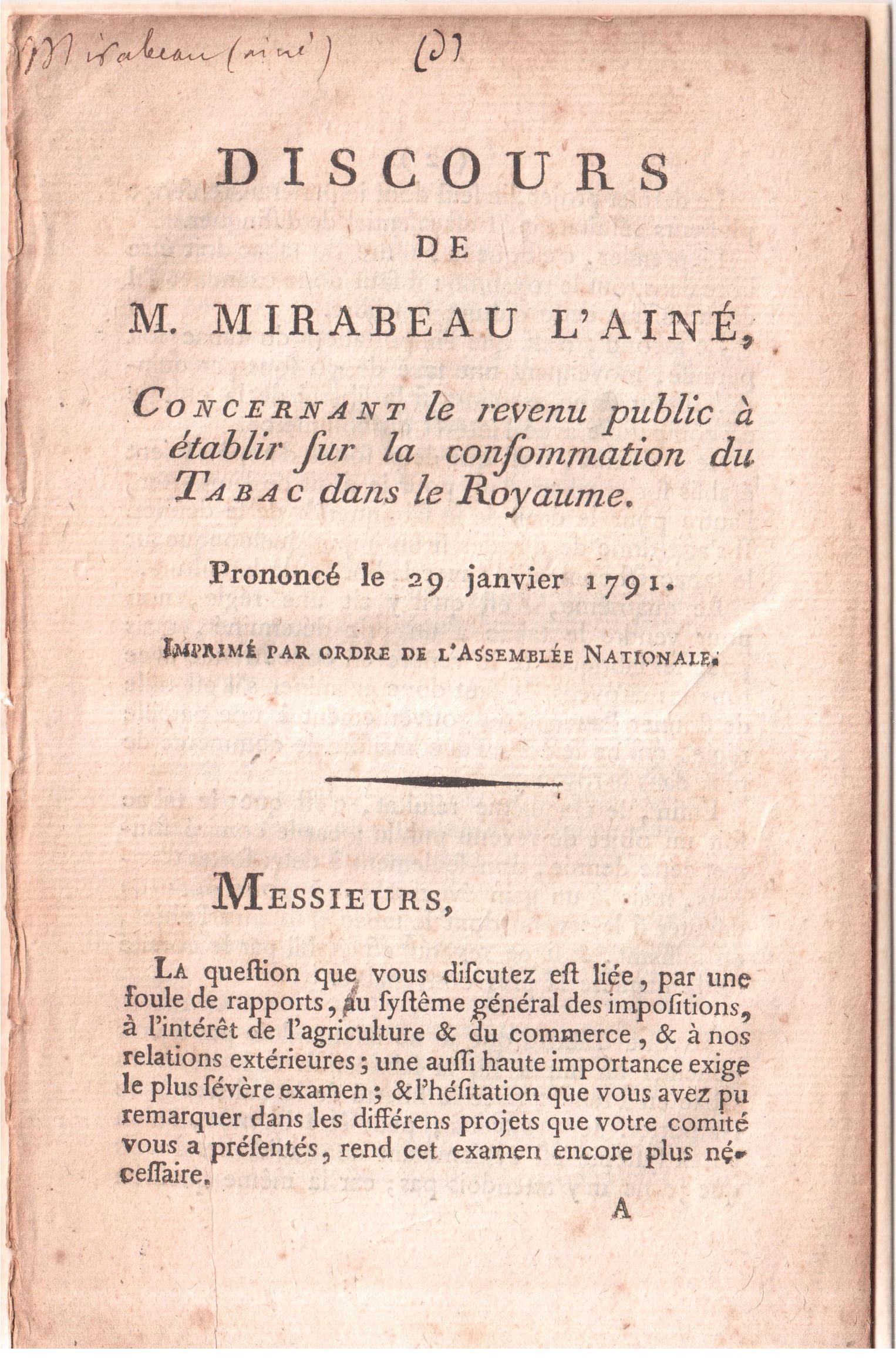 Discours de M. Mirabeau l'Ainé, concernant le revenu public à …