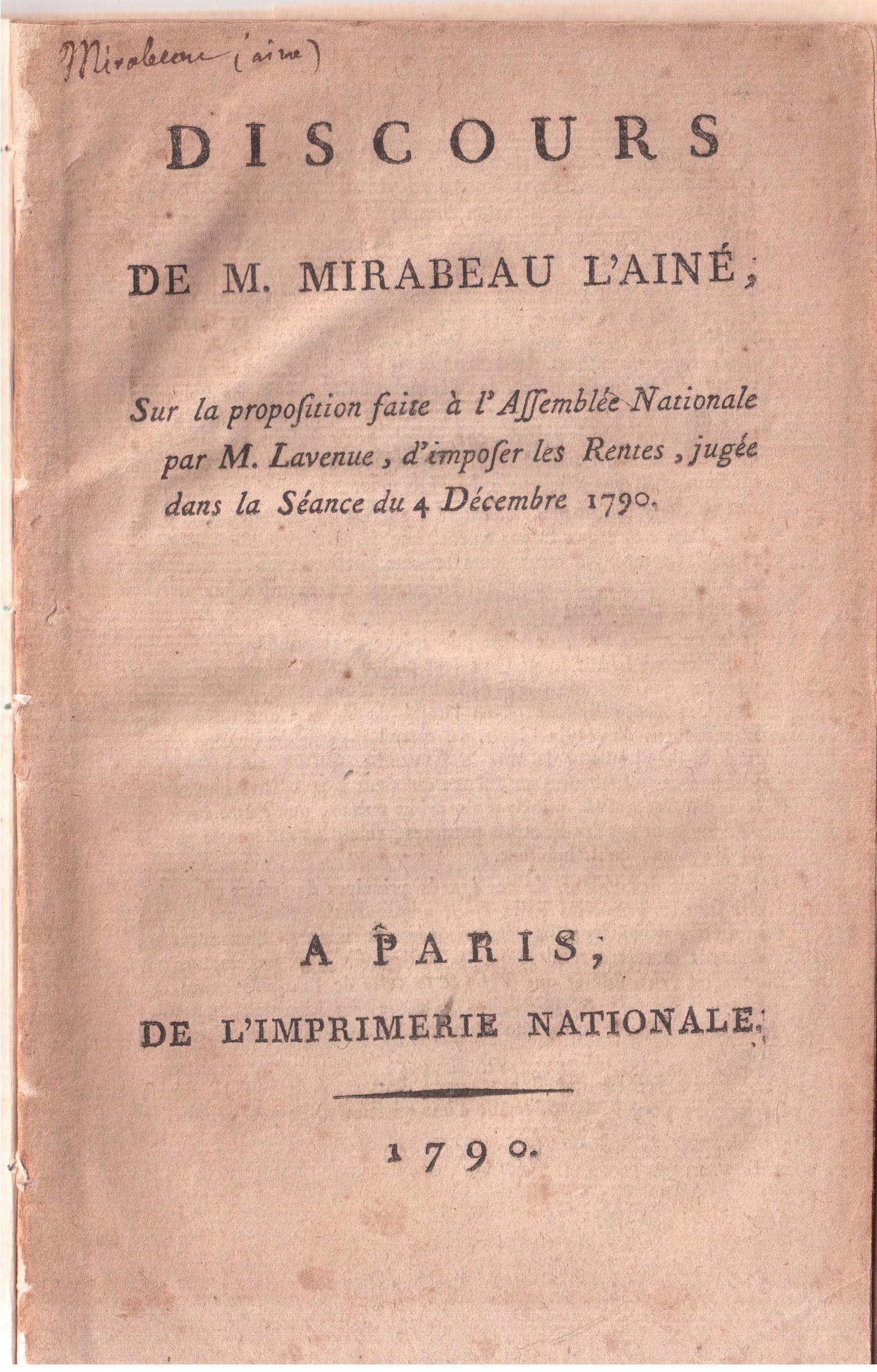 Discours de M. Mirabeau l'Ainé, sur la proposition faite à …