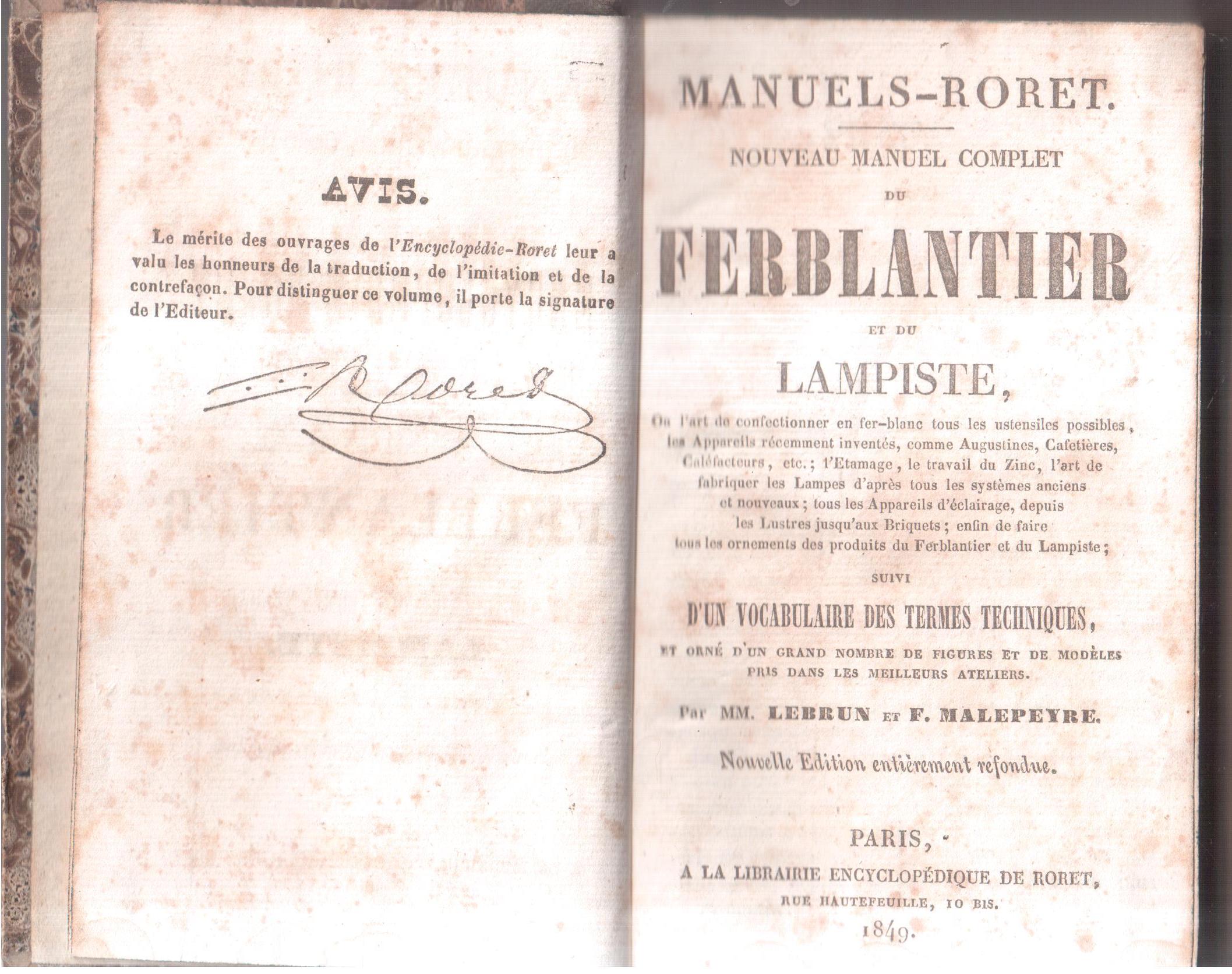 Nouveau manuel complet di Ferblantier et du Lampiste- Manuels-Roret