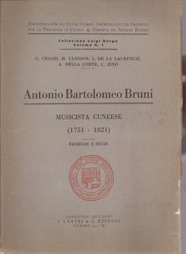 Antonio Bartolomeo Bruni musicista cuneese 1751 1821 Ricerche e studi