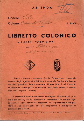 Libretto colonico annata colonica dal 1 febbraio 1940 al 31 …