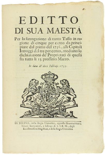 EDITTO DI SUA MAESTA' per la surrogazione di tanto Tasso …