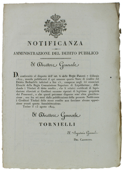 NOTIFICANZA. AMMINISTRAZIONE DEL DEBITO PUBBLICO. Il Direttore Generale. manda pubblicarsi …