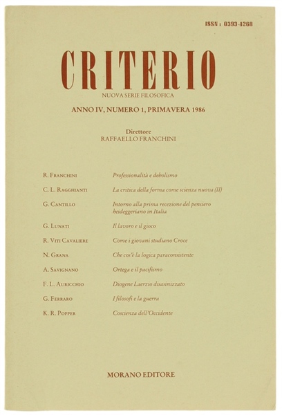 CRITERIO. Nuova serie filosofica. Anno IV, N° 1. Primavera 1966.