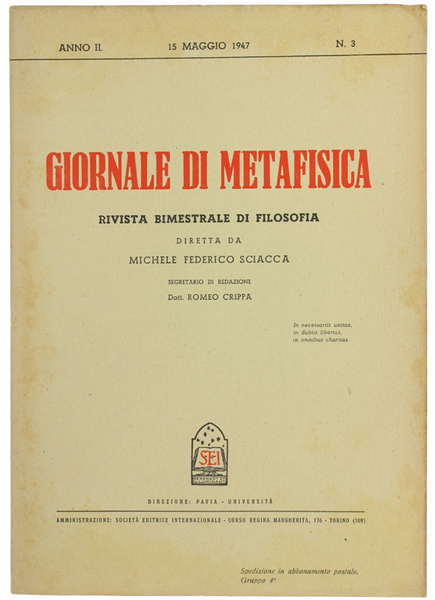 GIORNALE DI METAFISICA. Rivista Bimestrale di Filosofia. 1947 - N. …