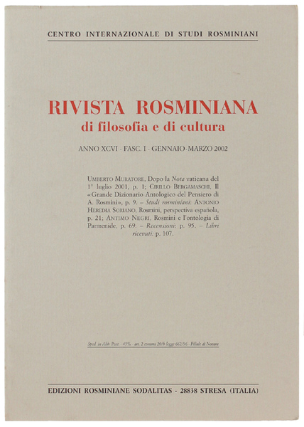 RIVISTA ROSMINIANA DI FILOSOFIA E DI CULTURA. Fasc. I/2002.