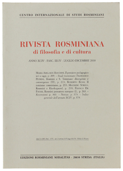 RIVISTA ROSMINIANA DI FILOSOFIA E DI CULTURA. Fasc.III-IV/2000