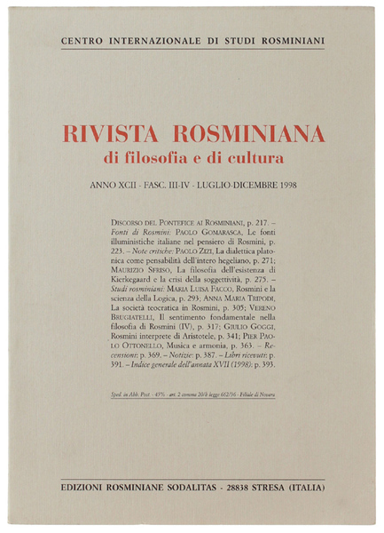 RIVISTA ROSMINIANA DI FILOSOFIA E DI CULTURA. Fasc.III-IV/1998