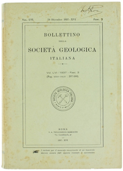 BOLLETTINO DELLA SOCIETA' GEOLOGICA ITALIANA. Volume LVI - 1937. Fasc. …