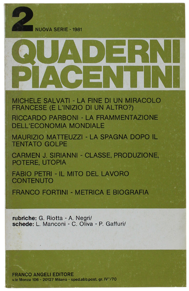 QUADERNI PIACENTINI - Nuova serie. N. 2 - 1981.