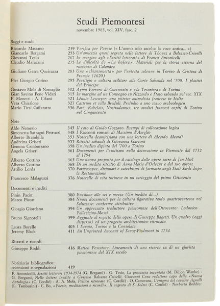 STUDI PIEMONTESI. Vol.XIV - 1985, fasc. 2. [Ottimo: intonso]
