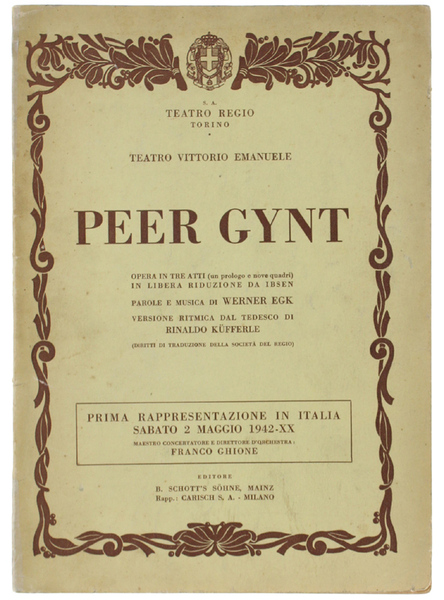PEER GYNT. Opera in tre atti (con prologo e nove …
