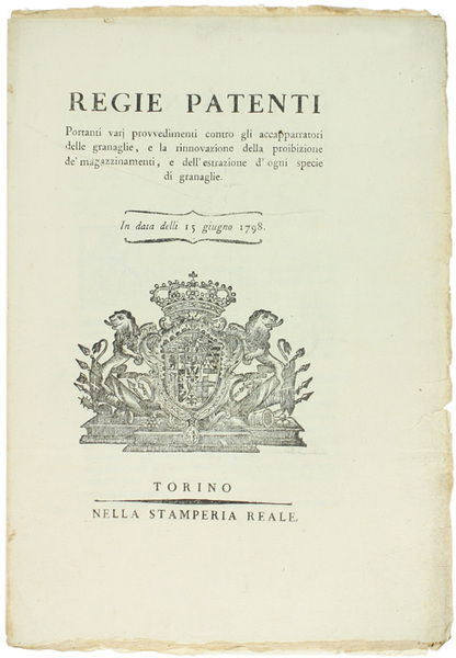 (REGNO DI SARDEGNA - Incetta di granaglie - 1798) REGIE …