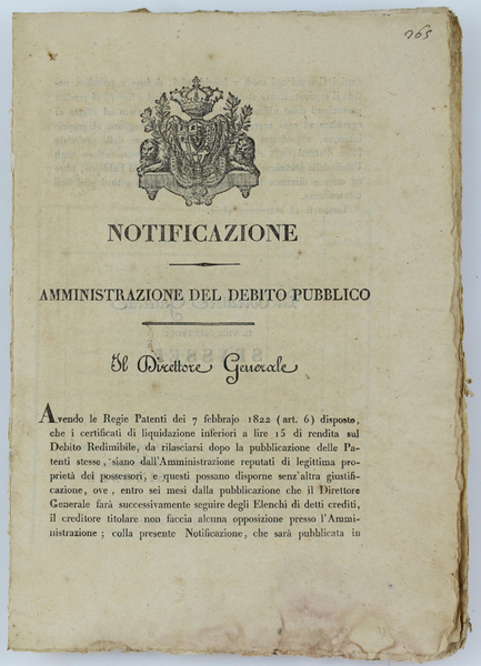 NOTIFICAZIONE - AMMINISTRAZIONE DEL DEBITO PUBBLICO. 15 settembre 1831.