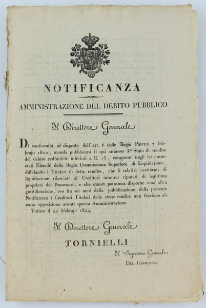 NOTIFICANZA - AMMINISTRAZIONE DEL DEBITO PUBBLICO.