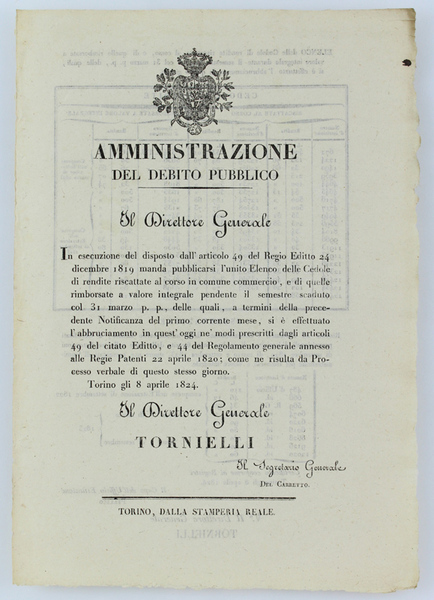 AMMINISTRAZIONE DEL DEBITO PUBBLICO. Torino, 8 aprile 1824.