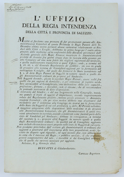 L'UFFIZIO DELLA REGIA INTENDENZA DELLA CITTA' E PROVINCIA DI SALUZZO.