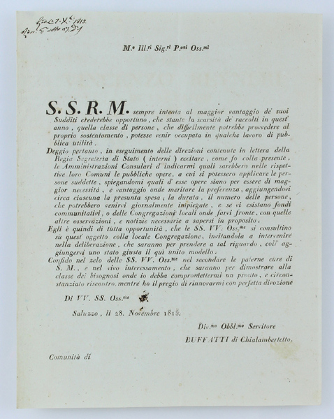 S.S.R.M. sempre intenta al maggior vantaggio de' suoi Sudditi crederebbe …