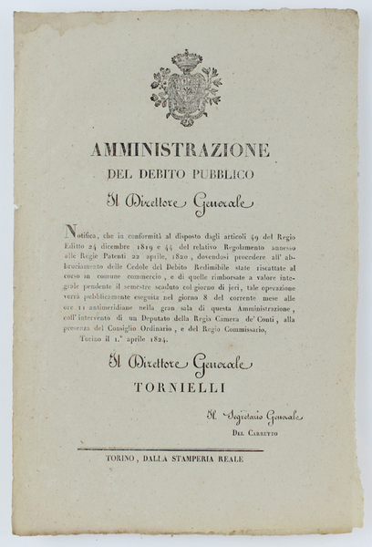 AMMINISTRAZIONE DEL DEBITO PUBBLICO. Torino, 1 aprile 1824.