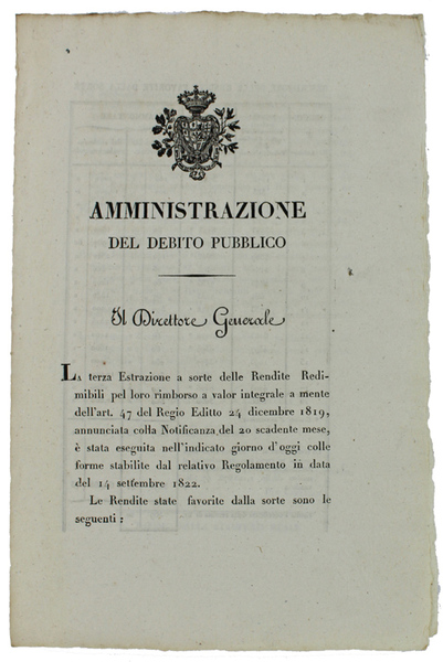 AMMINISTRAZIONE DEL DEBITO PUBBLICO. Torino, 30 settembre 1823.