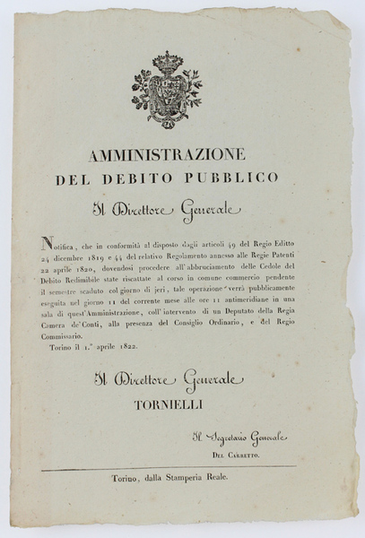 AMMINISTRAZIONE DEL DEBITO PUBBLICO. torino, 1 aprile 1822.