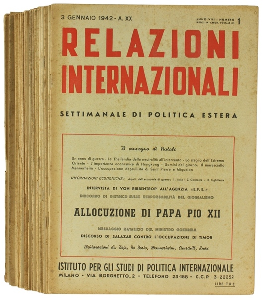 RELAZIONI INTERNAZIONALI. Settimanale di politica estera. Anno 1942.