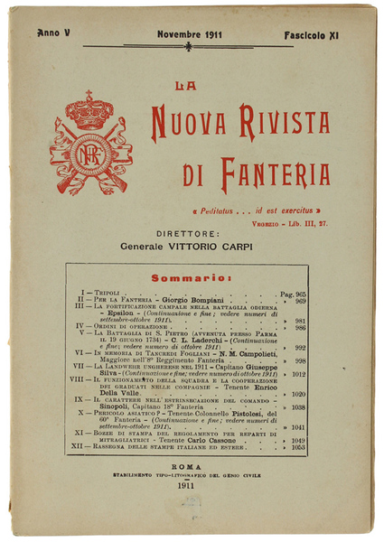 LA NUOVA RIVISTA DI FANTERIA. Novembre 1911 - Fascicolo XI.