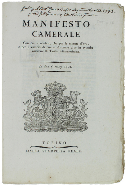 MANIFESTO CAMERALE Con cui si notifica, che per le monete …