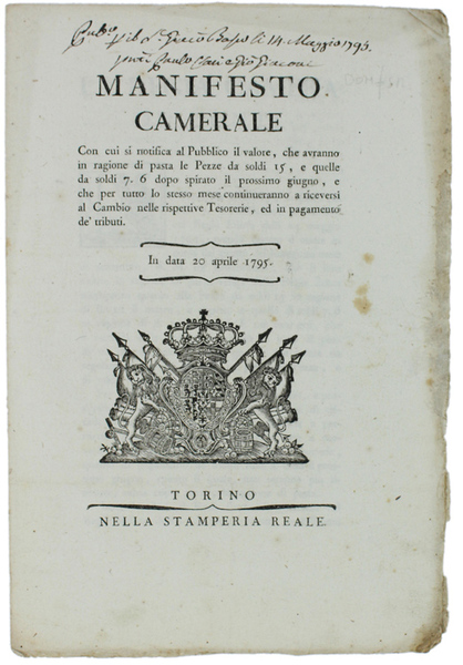 MANIFESTO CAMERALE Con cui si notifica al Pubblico il valore, …