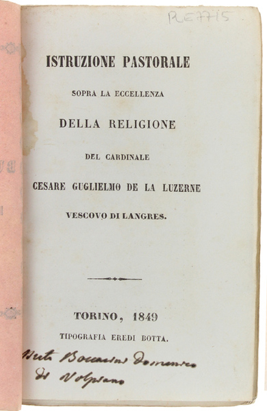 ISTRUZIONE PASTORALE SOPRA LA ECCELLENZA DELLA RELIGIONE.