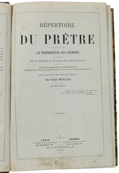 REPERTOIRE DU PRETRE destiné à lui faciliter la preparation des …