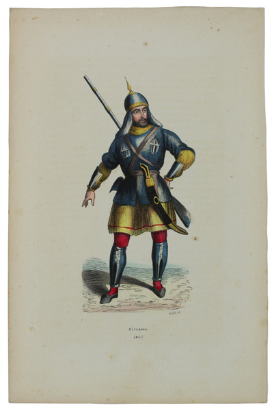 CIRCASSO. Tavola del 1844 acquerellata a mano, cm 27x18 circa.